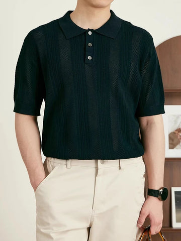 AIDASE  -  Summer Casual Buttoned Polo Neck Knit Top Men Vintage Crochet Knitted Polo Shirt Stylish Mens Short Sleeve Slim Polo Shirts aidase-shop